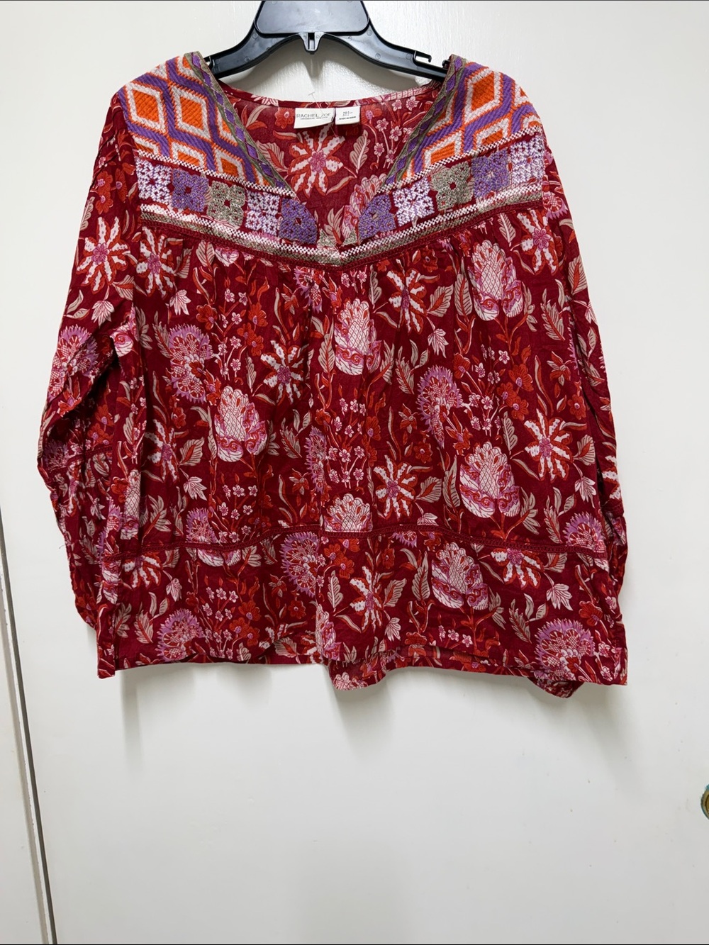 Rachel Zoe Burgundy and Pink Floral Embroidered Boho Tunic
